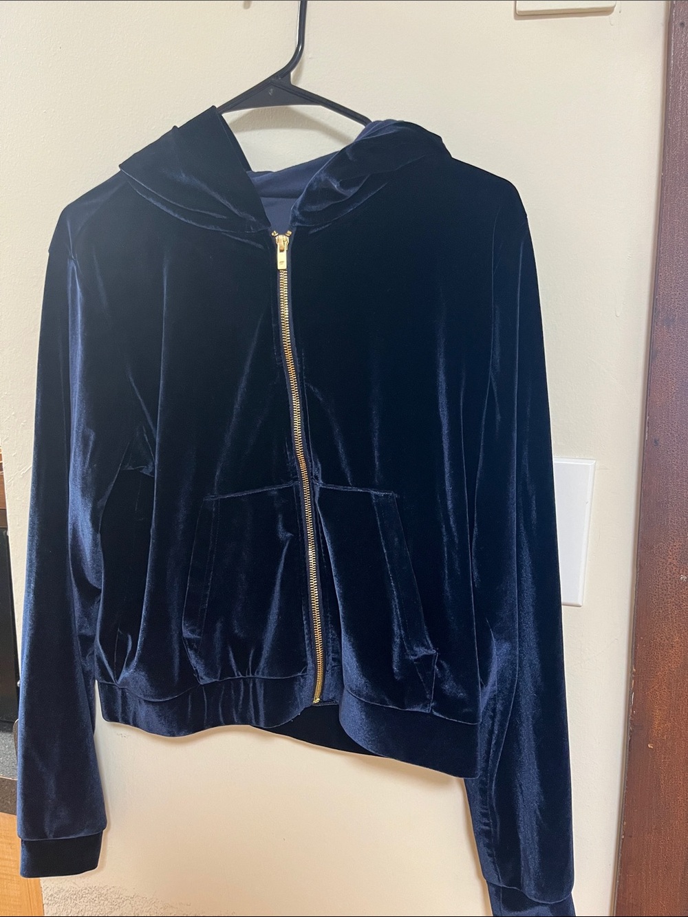 Fabletics Navy Velvet Hoodie with Gold Zipper